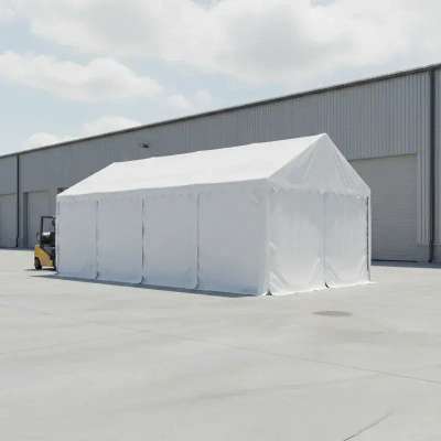 Lagerzelt 4x8 m - 2,3 m Seitenhöhe mit Reißverschlusstor, PVC weiß
